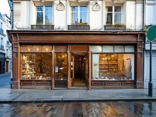 Retro charming storefront with wood carpentry and an elegant vintage feel, generative AI