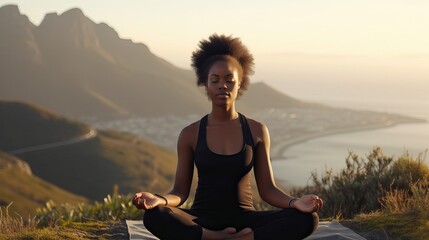 Fototapeta na wymiar Meditating, Black woman outdoor fitness and breathing