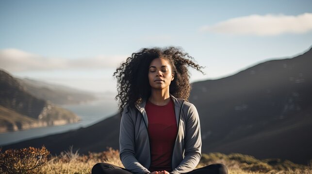 Meditating, Black woman outdoor fitness and breathing