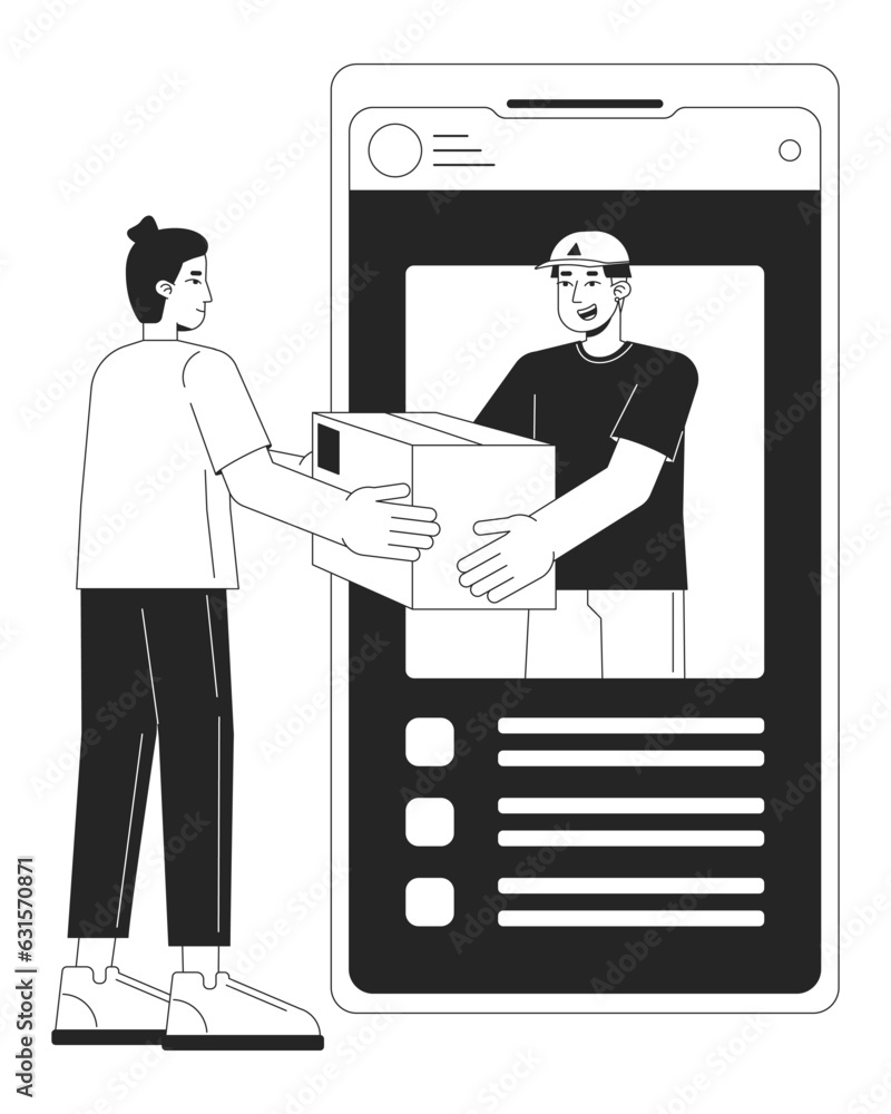 Poster online package delivery bw concept vector spot illustration. delivery. man taking box from courier 2