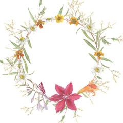 Obraz na płótnie Canvas Wreath of garden flowers. Clematis, hosta, chamomile. Floral element to create decor, prints in vintage, victorian and boho style.