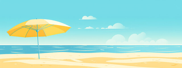 Fototapeta na wymiar Summer flat beach banner illustration with yellow sandy beach and blue sky, in the style of light, minimalist backgrounds.