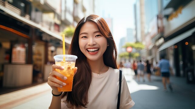 Asian friend with plastic cup of ice drink