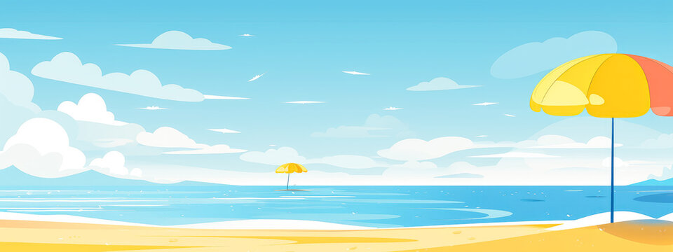 Summer flat beach banner illustration with yellow sandy beach and blue sky, in the style of light, minimalist backgrounds.