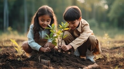Children planting tree in nature, save earth