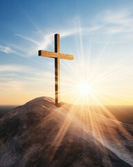 A Christian cross atop a sunlit mountain with sunrays. (Generative AI)