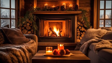 Cozy fireplace and candle in warm house - obrazy, fototapety, plakaty