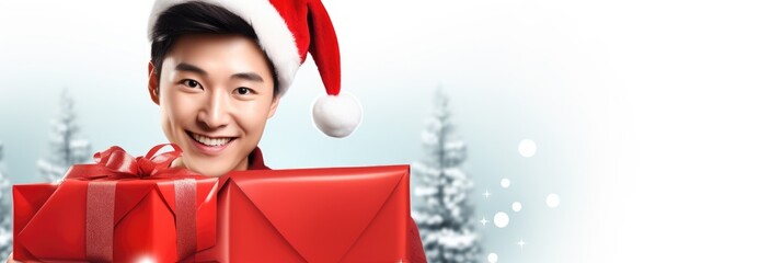 Happy smiling asian man holding gift box in front, offering and giving Christmas gifts. White background. Cristmas, New Year holiday concept. Generative ai