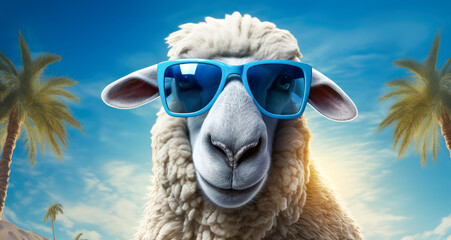 Cool cute Sheep with sunglasses, light sky-blue and light white, Sheep for Eid al-Adha on the sky with sunglasses.
