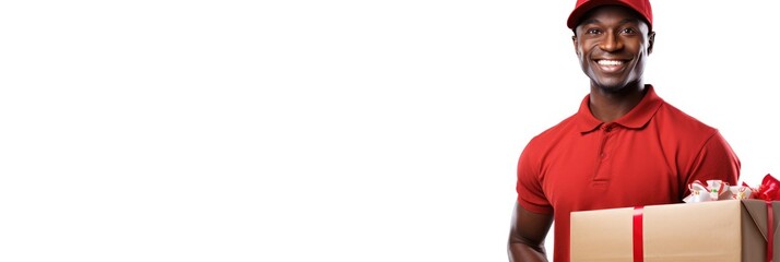 Happy smiling african man holding gift box in front, offering and giving Christmas gifts. White background. Cristmas, New Year holiday concept. Generative ai.