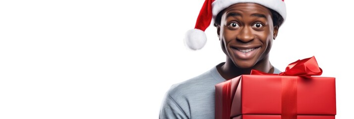 Banner Happy smiling african man holding gift box in front, offering and giving Christmas gifts. White background. Copyspace, Cristmas, New Year holiday concept. Generative ai.