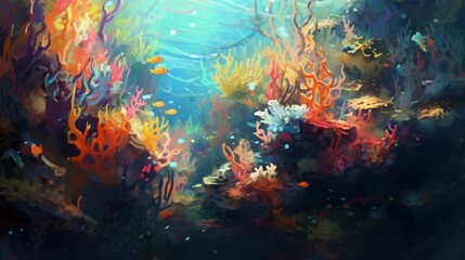 Fototapeta na wymiar Underwater scene with coral reef, fishes and seaweed.