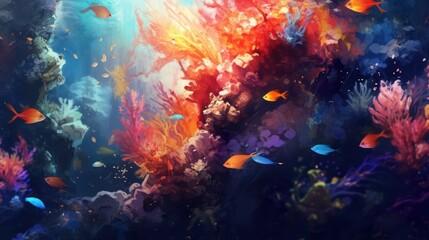 Underwater scene with coral reef, fishes and seaweed.