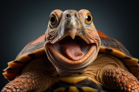 Portrait of happy surprised turtle with open mouth.