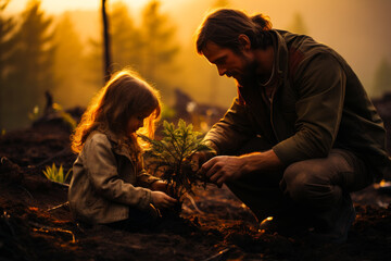 Fathers day shadows. Silhouette of family father with daughters. Generative AI.