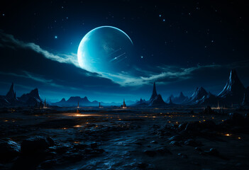 Night landscapes with big moon. Dark outdoor beautiful moonlight. Generative AI.