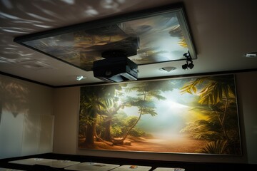 Overhead digital projector mounted on the ceiling of the boardroom.