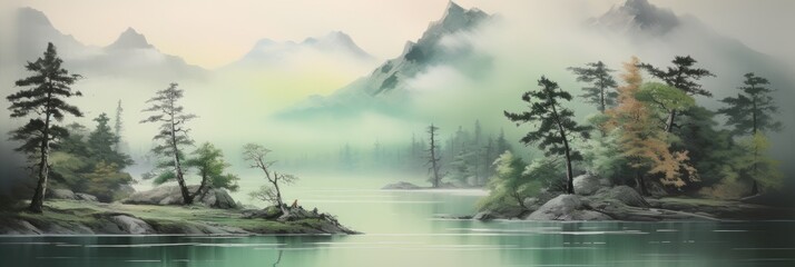Morning mist rises from lake into trees. Beautiful scenery landscape.