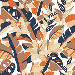 abstract pattern with Tropical leaves, flowers - 631573800