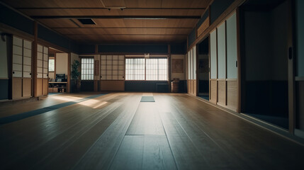 Spacious interior with windows, sport hall for martial art classes. Indoor background.