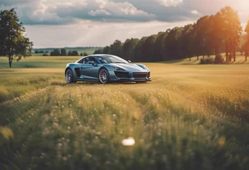 Fotobehang Generative AI image of a fast car on a field © 1000WordsImages