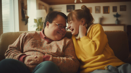 Happy couple with Down syndrome cuddling on the sofa at home together, smiling, family, love, home