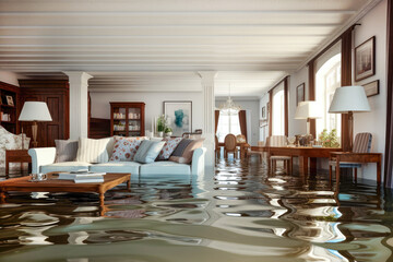 Flooded house with rooms full of water