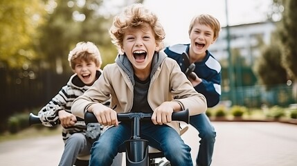 Happy friend, children ride bicycle having fun together outside