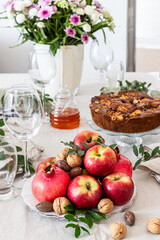 Holiday table decor. Rosh hashanah jewish New Year holiday concept.