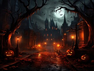 Halloween background. Jack o lantern against the backdrop of a mystical castle and a gloomy forest. Generative ai