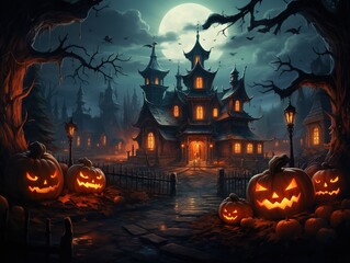Fototapeta na wymiar Halloween background. Jack o lantern against the backdrop of a mystical castle and a gloomy forest. Generative ai