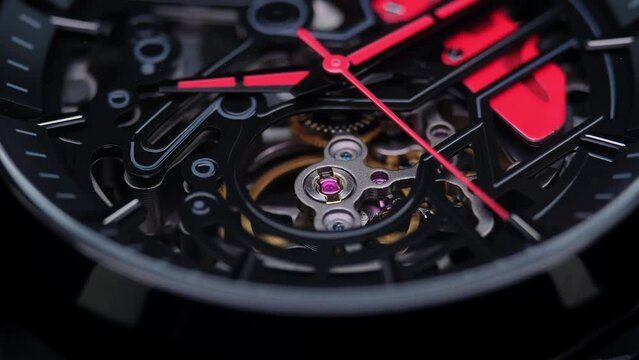 gear drive motion in skeleton watch. Mechanical watches with gears and cogs. Watch or clock mechanism. Clockwork details and parts. Inside watch, mechanical watch in macro view. Macro Shot Clock Face