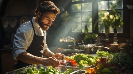 A professional chef in a chef's hat cooks in the kitchen, emotions of pleasure, bright kitchen, concept: the profession of a cook, cooking and food preparation training courses. generative ai
