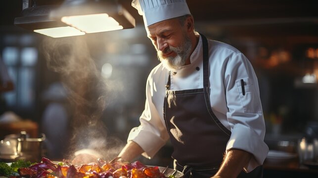 A professional chef in a chef's hat cooks in the kitchen, emotions of pleasure, bright kitchen, concept: the profession of a cook, cooking and food preparation training courses. generative ai
