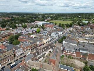 High street Newmarket town Suffolk England Aerial drone,aerial  view