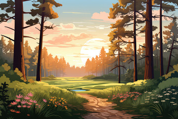 Spring forest landscape illustration