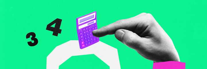 Art collage with huge human hand touch with finger bright violet calculator over green background with drawings.