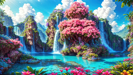 Paradise landscape with beautiful  gardens, waterfalls and flowers, magical idyllic background with many flowers in eden. - obrazy, fototapety, plakaty