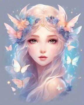 Beautiful fairy surrounded by butterflies with flowers in her hair illustration.