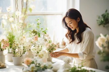 Asian woman florist creating wedding bouquet in flower shop. Small business.  - obrazy, fototapety, plakaty