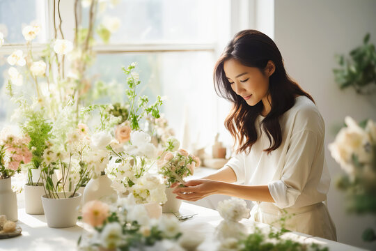 Asian woman florist creating wedding bouquet in flower shop. Small business. 