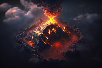 An aerial view of a volcanic eruption with lava and ash