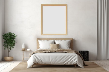 Wall art mockup, Wall art in bedroom, Bedroom interior background, Empty mockup frame