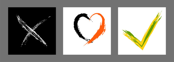 The cross, heart and OK symbol are hand-drawn with a brush. Prohibition, denial, error. Love. Approval, consent. Vector, set of 3 characters