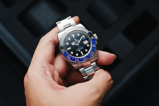 Hong Kong, Hongkong - July 31, 2023: Rolex GMT- Master II. Model 116710BLNR, "Batman" with a blue and black ceramic bezel.
