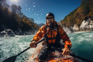Foto op Canvas Kayaking at its best Man in kayak sailing in a mountain river © sirisakboakaew