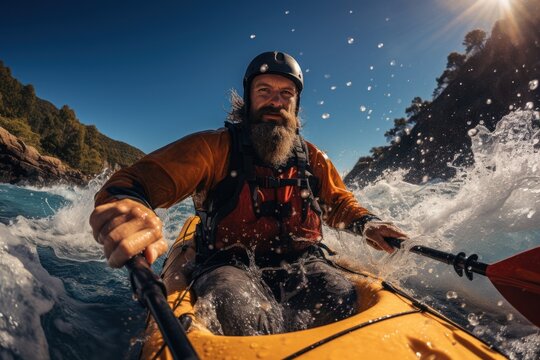 Kayaking at its best Man in kayak sailing in a mountain river