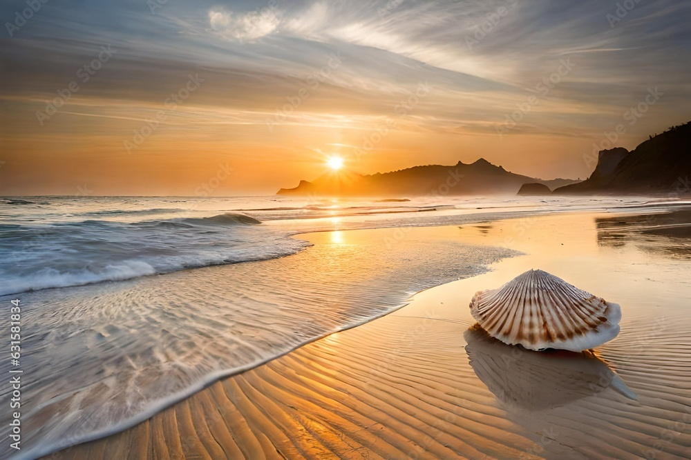 Sticker sunset over the beach, seashells scattered on a sunlit beach, embedded in golden sand