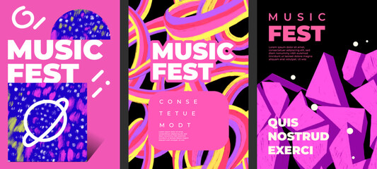 Set of modern music fest poster template with brush strokes, paint stains, geometric shape, rainbow ribbon, typography. Abstract pattern. Freehand design elements. Minimalist style placard, banner