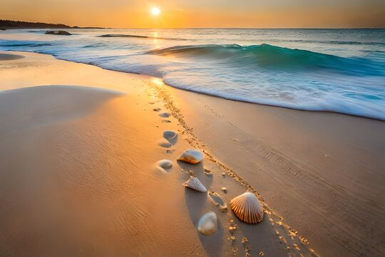 footprints on the sand, Seashells scattered on a sunlit beach, embedded in golden sand